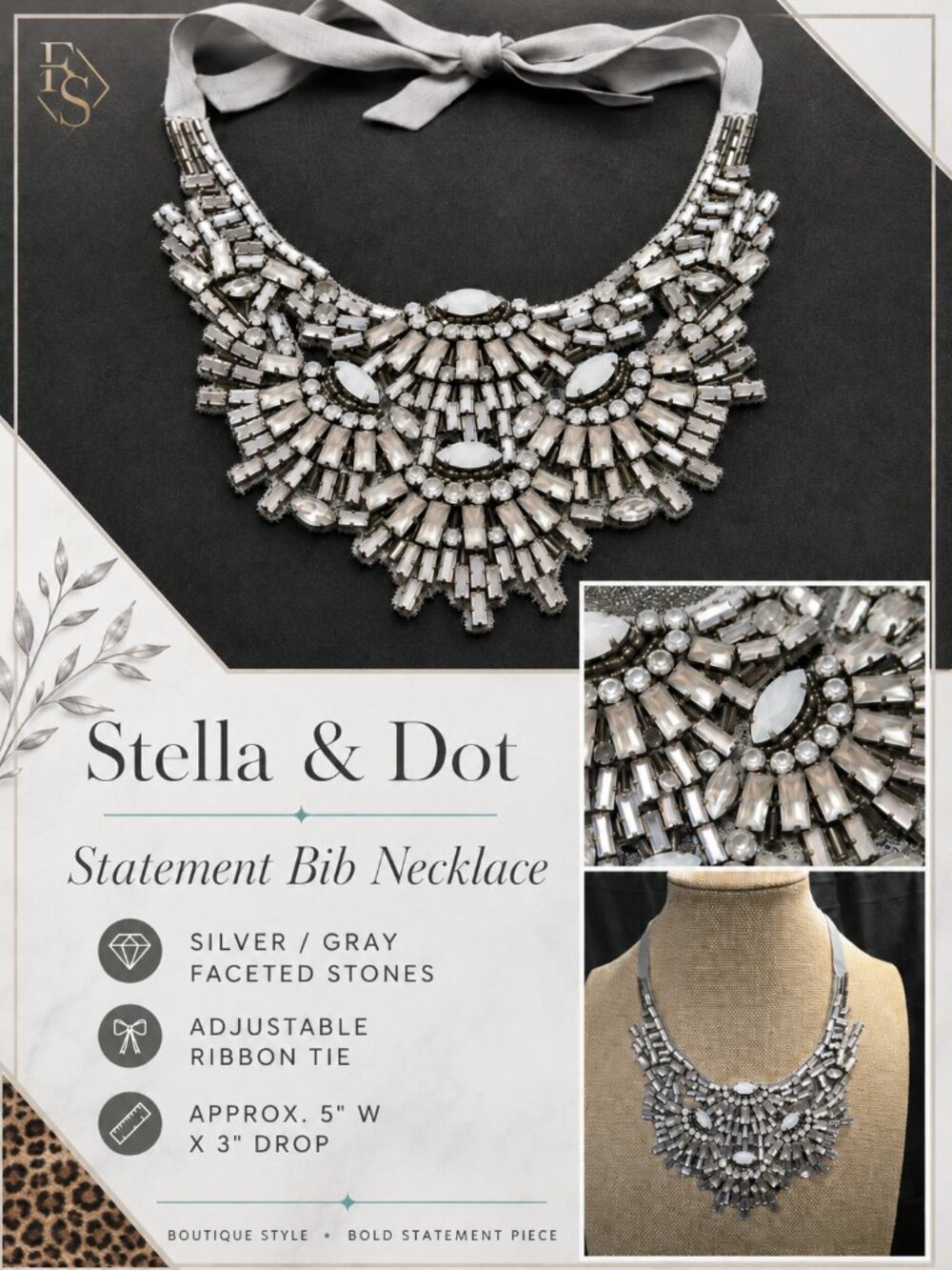 Stella & Dot Gala Statement Bib Necklace Silver Gray Crystal Ribbon Tie